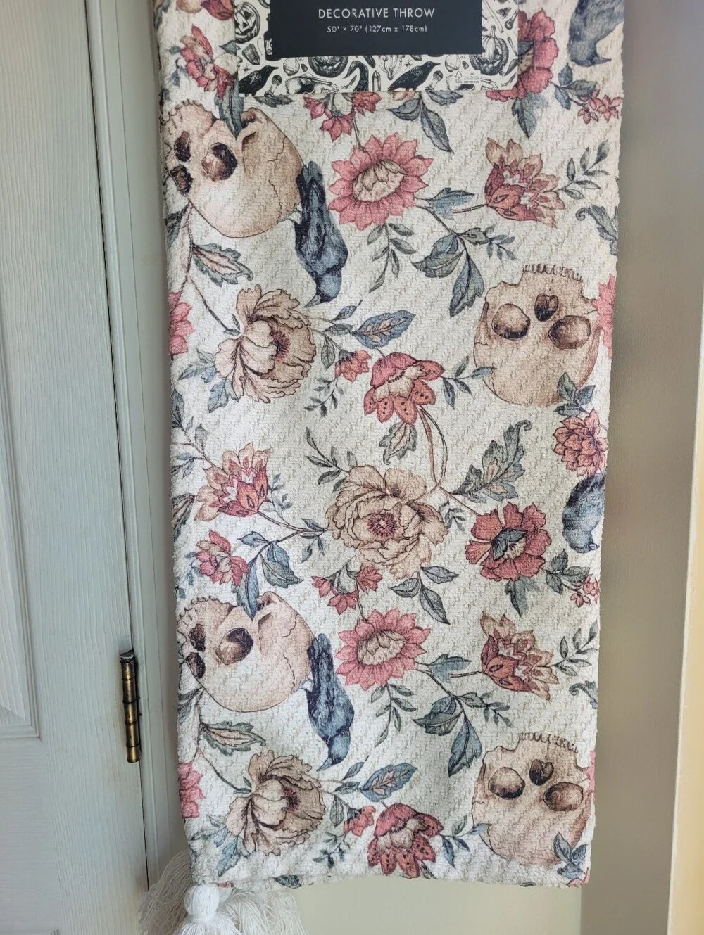 Tahari Cream Halloween Throw with Skulls, Crows And Pink & Green Floral Motif